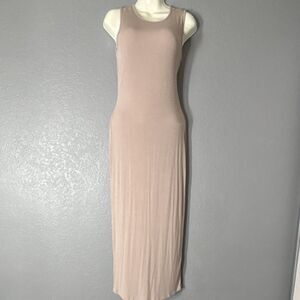 See You Monday Beige Ribbed Knit Maxi Dress Sleeveless Crew Neck Pullover L